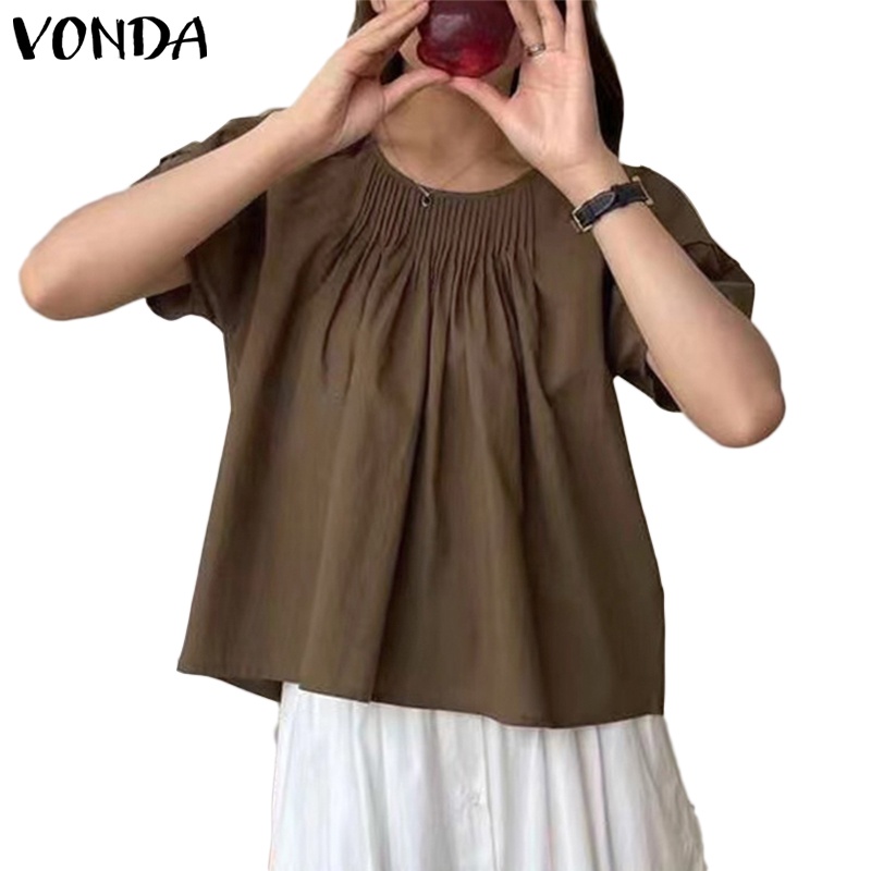 Vonda เสื้อคอกลม แขนพัฟ จับจีบ สไตล์เกาหลี สําหรับผู้หญิง