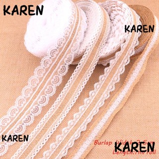 Karen โบว์ผ้ากระสอบ ผ้าซาตินธรรมชาติ ขอบลูกไม้ สไตล์วินเทจ 1 เมตร ต่อม้วน