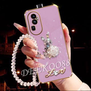 เคสโทรศัพท์มือถือ ปิดด้านหลัง ลายดอกไม้ กระต่าย ภาษาอังกฤษ ประดับเพชร พร้อมสายคล้องมือ สําหรับ OPPO Reno10 Pro Plus Pro+ A78 4G 5G 2023 A78 Reno 10 10Pro