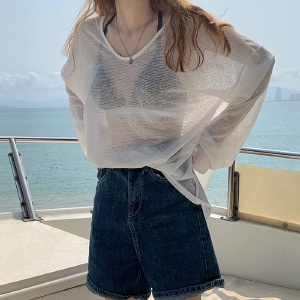 💖Dahong 💖 เสื้อยืดแขนยาว คอวี  เสื้อยืดแขนยาวผู้หญิงแฟชั่น แบบบาง ทรงหลวม ป้องกันแดด