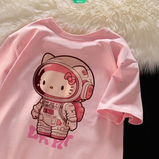 เสื้อยืดแขนสั้นลําลอง ผ้าฝ้าย ทรงหลวม พิมพ์ลาย Hello Kitty แฟชั่นฤดูร้อน สําหรับผู้หญิง