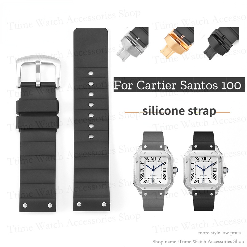 สายนาฬิกาข้อมือ ยางซิลิโคนนิ่ม กันน้ํา สีดํา 23 มม. สําหรับ Cartier Santos 100