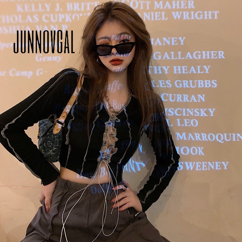 JUNNOVGAL ผู้หญิงแฟชั่นใหม่ยืดหยุ่นสูง Ribbed สายรัดหน้าอกดึงเชือก Slim เซ็กซี่เสื้อ