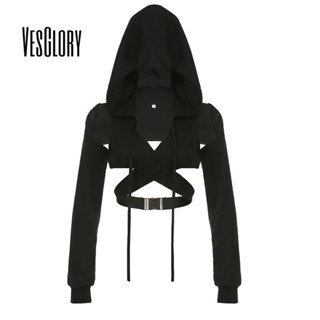 Vesglory เสื้อครอปท็อป แขนยาว มีฮู้ด เซ็กซี่ สีพื้น แฟชั่นสําหรับผู้หญิง 2023