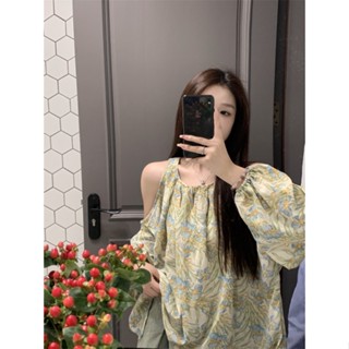 Suxi เสื้อชีฟอง แขนยาว เปิดไหล่ ทรงหลวม ลายดอกไม้ สไตล์เกาหลี