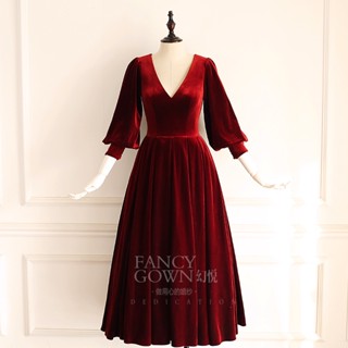 Burgundy ชุดเดรสแขนยาว คอวี ผ้ากํามะหยี่ สีแดง สไตล์เรโทร สําหรับผู้หญิง Ff576