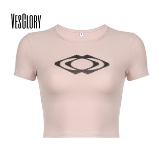 Vesglory เสื้อครอปท็อป คอกลม แขนสั้น พิมพ์ลาย สีตัดกัน เซ็กซี่ สําหรับผู้หญิง 2023