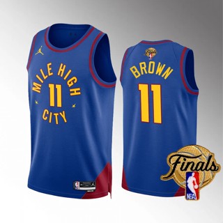 【คุณภาพสูง】นักเก็ต Nba Finals Denver ของแท้ 2023 สําหรับผู้ชาย #11 เสื้อกีฬาแขนสั้น ลายทีม Bruce Brown Statement Edition Jersey Swingman สีฟ้า