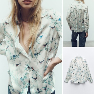 Zara เสื้อเชิ้ตแขนยาว คอวี ผ้าซาติน ติดกระดุมหน้าแถวเดียว แฟชั่นฤดูร้อน 238448111