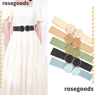 Rosegoods1 เข็มขัดฟางถัก PP Boho ยืดหยุ่น ปรับได้ พร้อมหัวเข็มขัดกลม สําหรับชุดเดรส