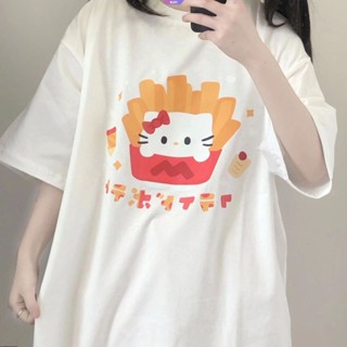 SANRIO เสื้อยืดแขนสั้นลําลอง แบบบาง ทรงหลวม พิมพ์ลายการ์ตูน Hello Kitty สไตล์ญี่ปุ่น เหมาะกับฤดูร้อน สําหรับผู้หญิง [RAIN]