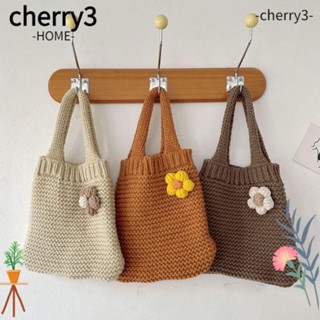 Cherry3 กระเป๋าถือ ผ้าขนสัตว์ถัก ลายดอกไม้ ความจุสูง ใช้ซ้ําได้ สําหรับนักเรียน