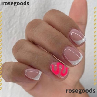 Rosegoods1 เล็บปลอมแฟชั่น คริสตัล ทรงกลม สั้น สีเขียว สีทอง สไตล์ฝรั่งเศส สําหรับร้านเสริมสวย