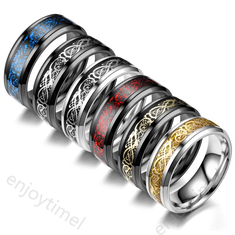 แฟชั่น 8 มม.ผู้ชายสีแดง Groove Beveled Edge สแตนเลส Celtic Dragon แหวน Zirconia Inlay สีแดงคาร์บอน Fibr แหวนผู้ชายงานแต่งงาน Band