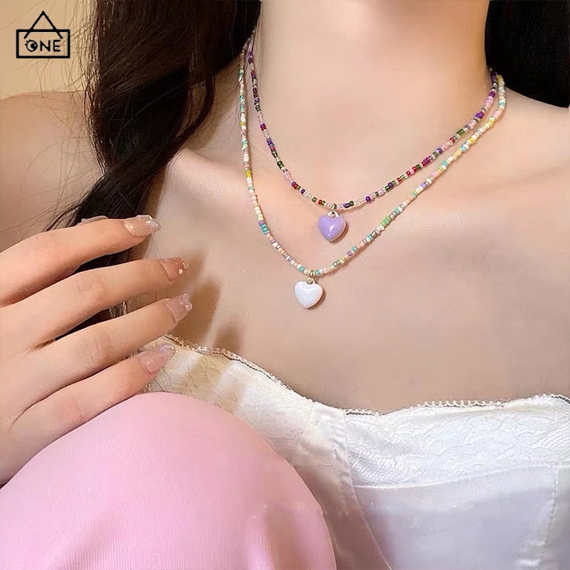 COD❤️สร้อยคอที่มีสีสันลูกปัดโบฮีเมียหัวใจจี้ไหปลาร้าโซ่โลหะผสมY2Kเกาหลีแฟชั่นละเอียดอ่อนเครื่องประดับสำหรับผู้หญิง-a.one