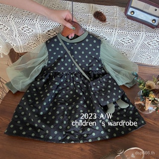 Korean style childrens clothing 2023 Autumn New girls Western style polka dot vest skirt with bubble sleeve bottoming shirt two-piece set ZE8S