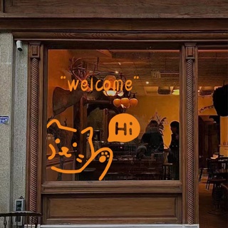 สติกเกอร์พีวีซี ลาย Welcome Cat สําหรับติดตกแต่งกระจก หน้าต่าง เสื้อผ้า กาแฟ ชานม ขนมหวาน เค้ก ร้านค้า