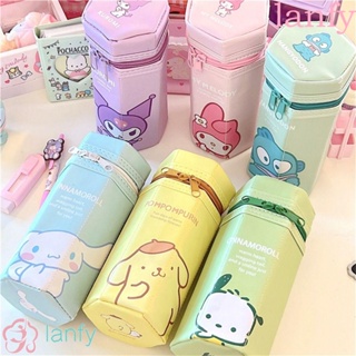 Lanfy กระเป๋าดินสอ หนัง PU ทรงหกเหลี่ยม จุของได้เยอะ พิมพ์ลาย Cinnamoroll My Melody สีดํา สําหรับใส่เครื่องเขียน