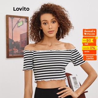 Lovito เสื้อยืดเปิดไหล่ ลายทาง ขอบหยัก สไตล์ลำลอง L19D315 (ดำ&amp;ขาว)