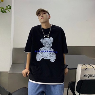 Korean Version Bear Short-Sleeved t-Shirt Men Women Couples Wear Hong Kong Style ins Trend Round Neck Top Loose Str_02