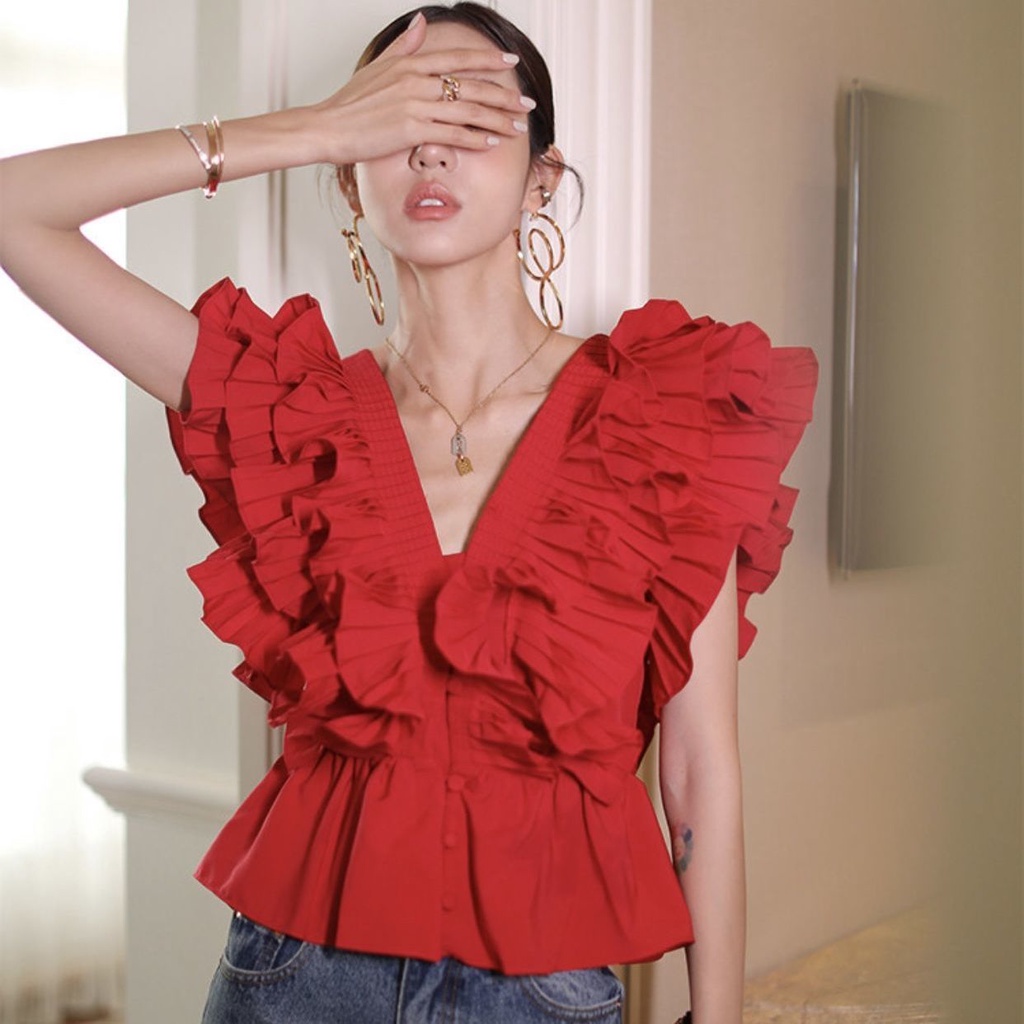 เสื้อเชิ้ตแขนกุด คอวี แต่งจับจีบ เข้ารูป สไตล์ฝรั่งเศส เรโทร แฟชั่นฤดูร้อน สําหรับผู้หญิง 2023