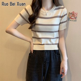 RUO BEI XUAN เสื้อยืดสตรีผ้าถักแขนสั้นคอกลมลายสก็อตสไตล์เกาหลี