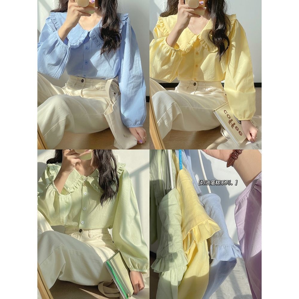 พร้อมส่งจากไทย เก๋ เสื้อ JK หวานน่ารักแฟชั่นเกาหลี เสื้อเชิ้ตแขนยาวสีเหลืองผู้หญิงคอตุ๊กตาย้อนยุคฝรั่งเศส