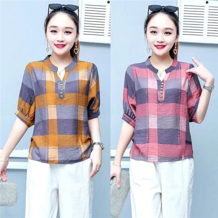เสื้อยืด คอวี แขนสั้น ผ้าฝ้าย และผ้าลินิน ลายสก๊อต สําหรับผู้หญิง