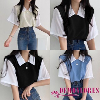 Demonlores- เสื้อยืดแขนสั้น คอปก สีตัดกัน แฟชั่นฤดูร้อน สําหรับผู้หญิง