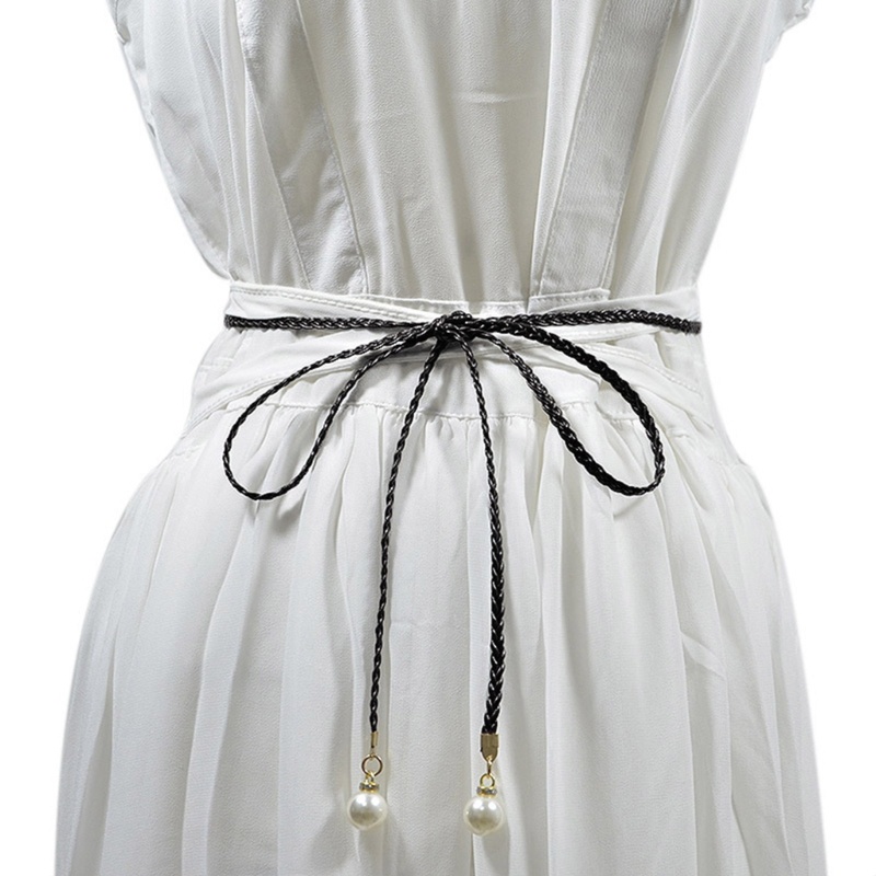 Stud Vintage Bohemian Thin Belt Summer White Pearl Decors Braided Belt for Summer