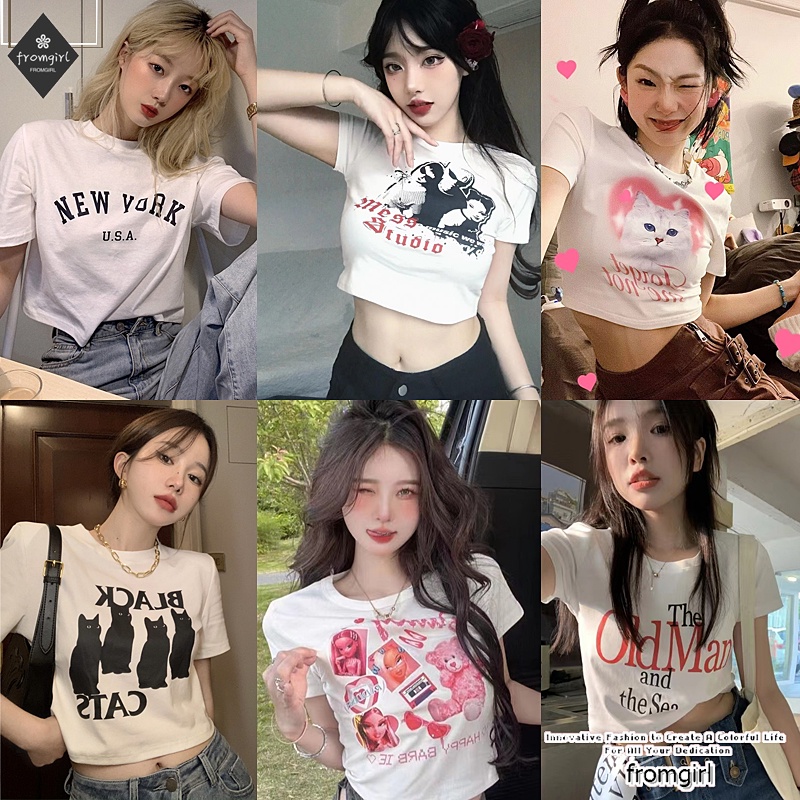 เสื้อยืดแขนสั้น คอกลม เอวสูง พิมพ์ลายการ์ตูน แฟชั่นฤดูร้อน แบบทันสมัย แบบใหม่