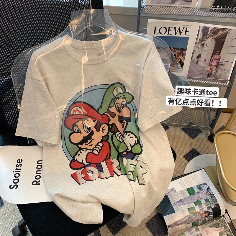 เสื้อยืดแขนสั้น พิมพ์ลายการ์ตูน Super Mario ทรงหลวม แฟชั่นฤดูร้อน สไตล์เรโทร สําหรับผู้หญิง และคู่รัก