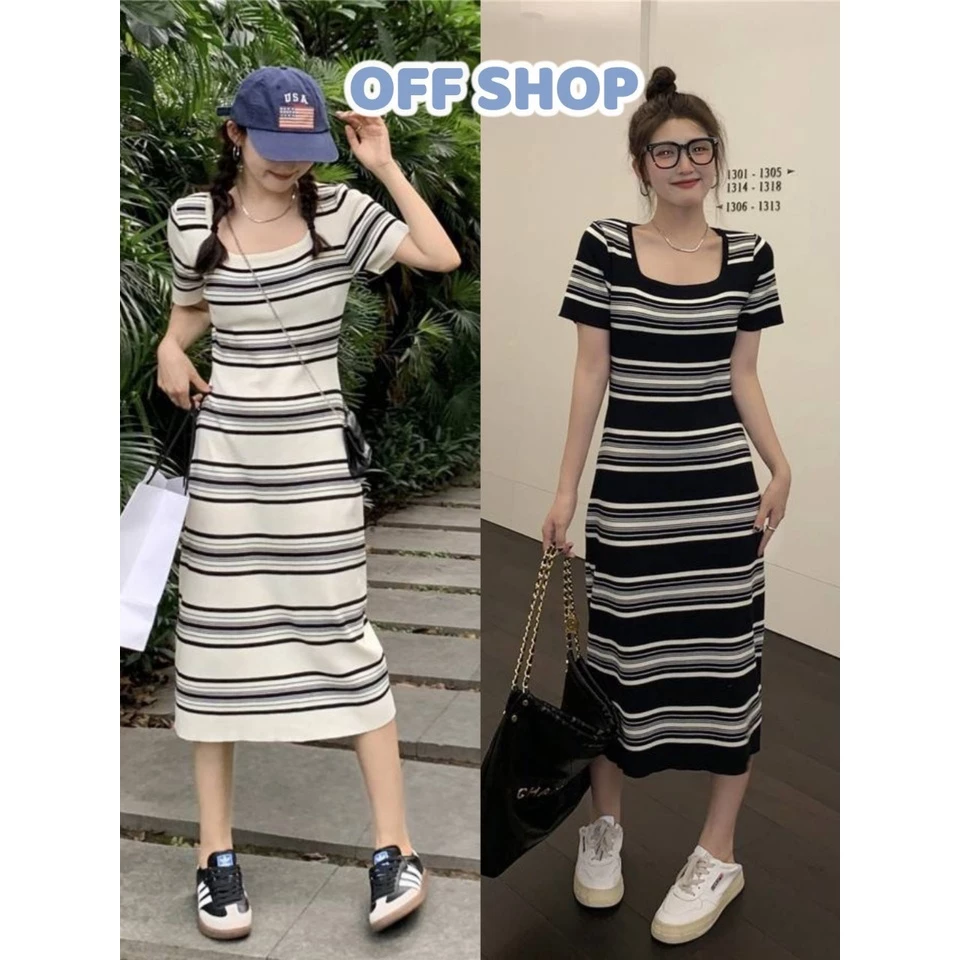 OFF SHOP 🥻ชุดเดรสไหมพรมแขนสั้นคอกลม กระโปรงยาวสุดๆลายทาง (OFF-M0528) -C