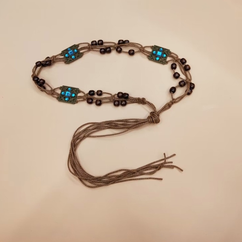 Cutiepie สไตล์โบฮีเมียนพู่ผูกปมเข็มขัดกว้างเชือกทอเข็มขัดเอว Boho Braid เข็มขัด