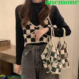 Anemone เสื้อครอปท็อป แขนกุด ผ้าถัก ลายสก๊อตน่ารัก สไตล์เกาหลีเรโทร สําหรับผู้หญิง