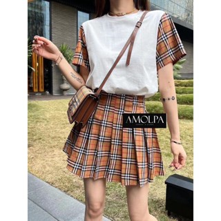 SET BURBERRY WITH SKIRT HI-SCHOOL ชุดเซท เสื้อยืด คอกลม แขนลายสก็อต + กระโปรง จับจีบ ลายสก็อต เบอเบอรี่ บัลเบอรี่