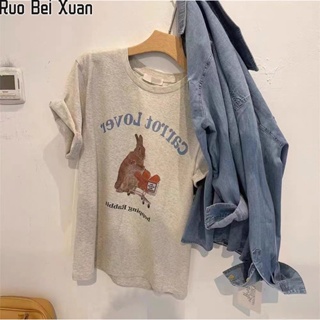 RUO BEI XUAN  ใหม่ของผู้หญิงแขนสั้นพิมพ์เสื้อยืดผ้าฝ้ายแท้หลวมสบาย ๆ ด้านบน