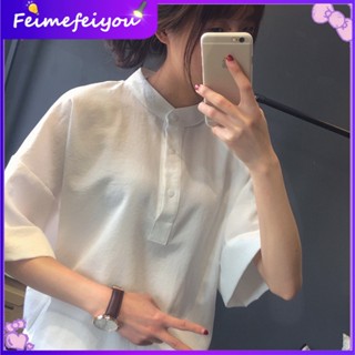 เสื้อโปโล คอปกตั้ง แขนสั้น ทรงหลวม สีขาวล้วน สไตล์เกาหลี สําหรับผู้หญิง นักเรียน