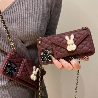 เคสโทรศัพท์มือถือหนัง ลายตารางสี่เหลี่ยมขนมเปียกปูน พร้อมสายคล้องคอ และช่องใส่บัตร สําหรับ iPhone 14 Pro Max 13 12 11