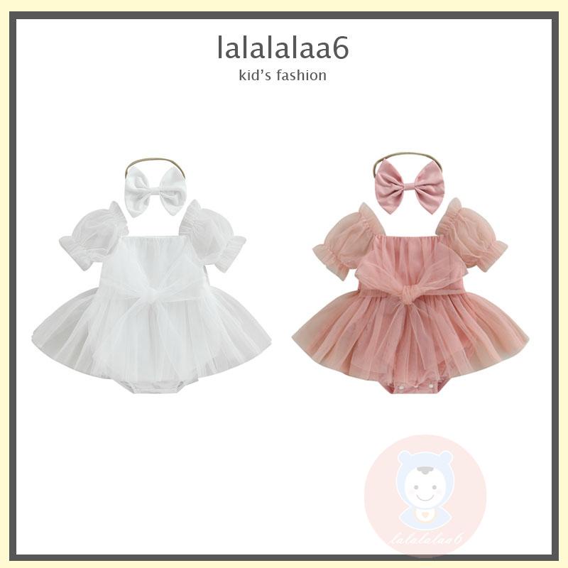 Laa6-ชุดเด็กผู้หญิงฤดูร้อนแขนสั้นโบว์ด้านหน้าromper Tulleชุดคาดศีรษะ