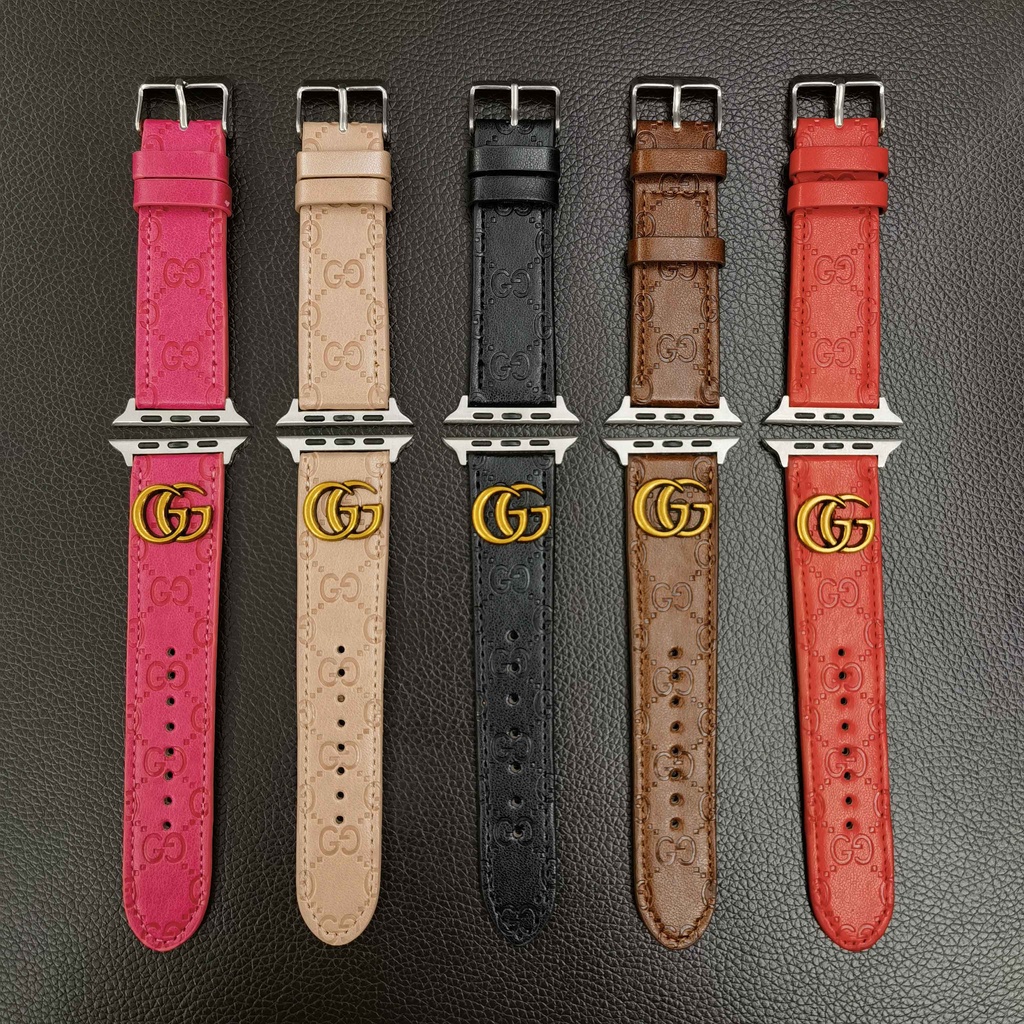 สายนาฬิกาข้อมือหนัง ลายโลโก้นูน สีทอง หรูหรา 49 มม. แบบเปลี่ยน สําหรับ Smart Watches Series 8 Ultra 7 6 SE 5 4 3 2 1 ขนาด 41 มม. 45 มม. 44 มม. 42 มม. 40 มม. 38 มม.