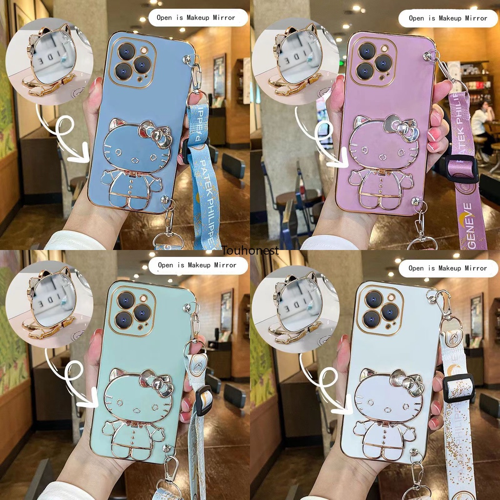 For Apple เคสไอโฟน iPhone 13 Pro Max Case iPhone 14 Pro Max เคส iPhone 14 Plus Casing iPhone 12 Mini Case Vanity Mirror Cute Hello Kitty Anime Stand Wrist Band With Metal Sheet Phone Cover Cassing Cases Case SK โทรศัพท์มือถือ ลายการ์ตูนเฮลโลคิตตีน่ารัก