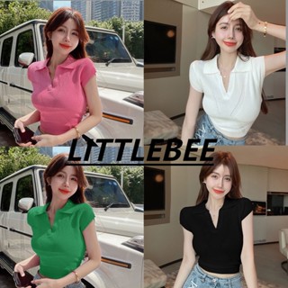 LITTLEBEE  ❤️8K53❤️เสื้อครอปแขนกุดไหมพรม เสื้อคอปกแขนสั้นไหมพรม เพิ่มดีเทลแหวกลึก