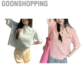 Goonshopping Women Tee Top  Striped Summer Pullover Dressy Knitted Button Front  for Shopping