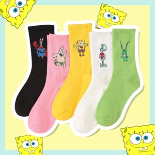 Gp1 [พร้อมส่ง] &lt;SpongeBob SquarePants&gt; ถุงเท้าข้อสูง ผ้าฝ้าย ลายการ์ตูนน่ารัก 5 สี สําหรับผู้หญิง PG1