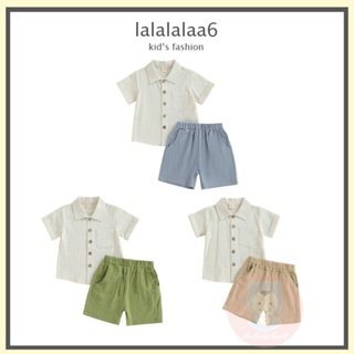 Laa6 เสื้อเชิ้ตแขนสั้น คอปก และกางเกงขาสั้น เอวยางยืด สีพื้น แฟชั่นฤดูร้อน สําหรับเด็กผู้ชาย