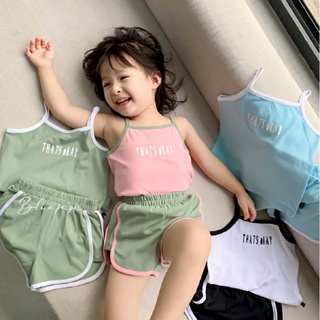 พร้อมส่ง ชุดเสื้อแขนกุด กางเกงขาสั้น สองชิ้น แฟชั่นฤดูร้อน สไตล์เกาหลี สําหรับเด็กผู้หญิง