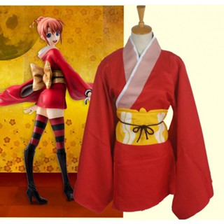 เครื่องแต่งกายคอสเพลย์ กิโมโน การ์ตูนอนิเมะ Gintama Kagura cosplay Costume สีแดง