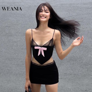 Weania-2 ผู้หญิง เซ็กซี่ ฤดูร้อน คอวี ตาข่าย เย็บปะติดปะต่อกัน โบว์ ครอปถัง