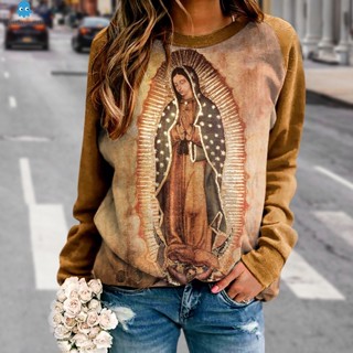 เสื้อยืดกันหนาว ตัวยาว พิมพ์ลาย Our Lady Of Guadalupe Virgin Mary Oil สําหรับผู้หญิง